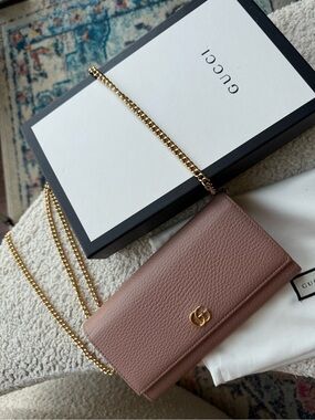 Gucci Taupe Pebbled Leather GG Chain Crossbody
